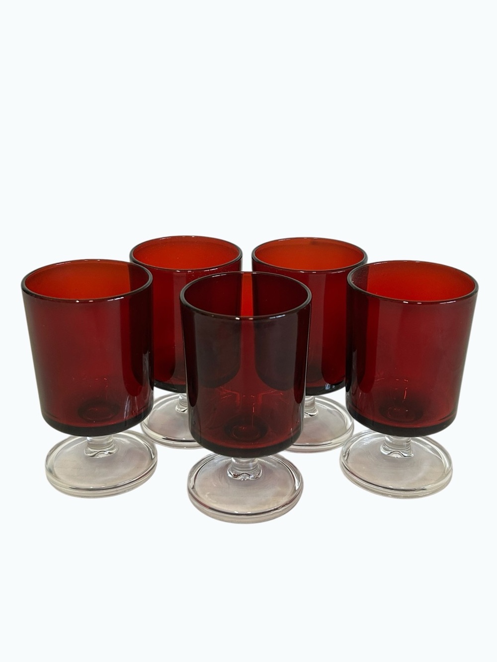 Vintage Ruby Red Pedestal Glasses Set of 5 MCM Cordial Liqueur Bar Ware Glass
